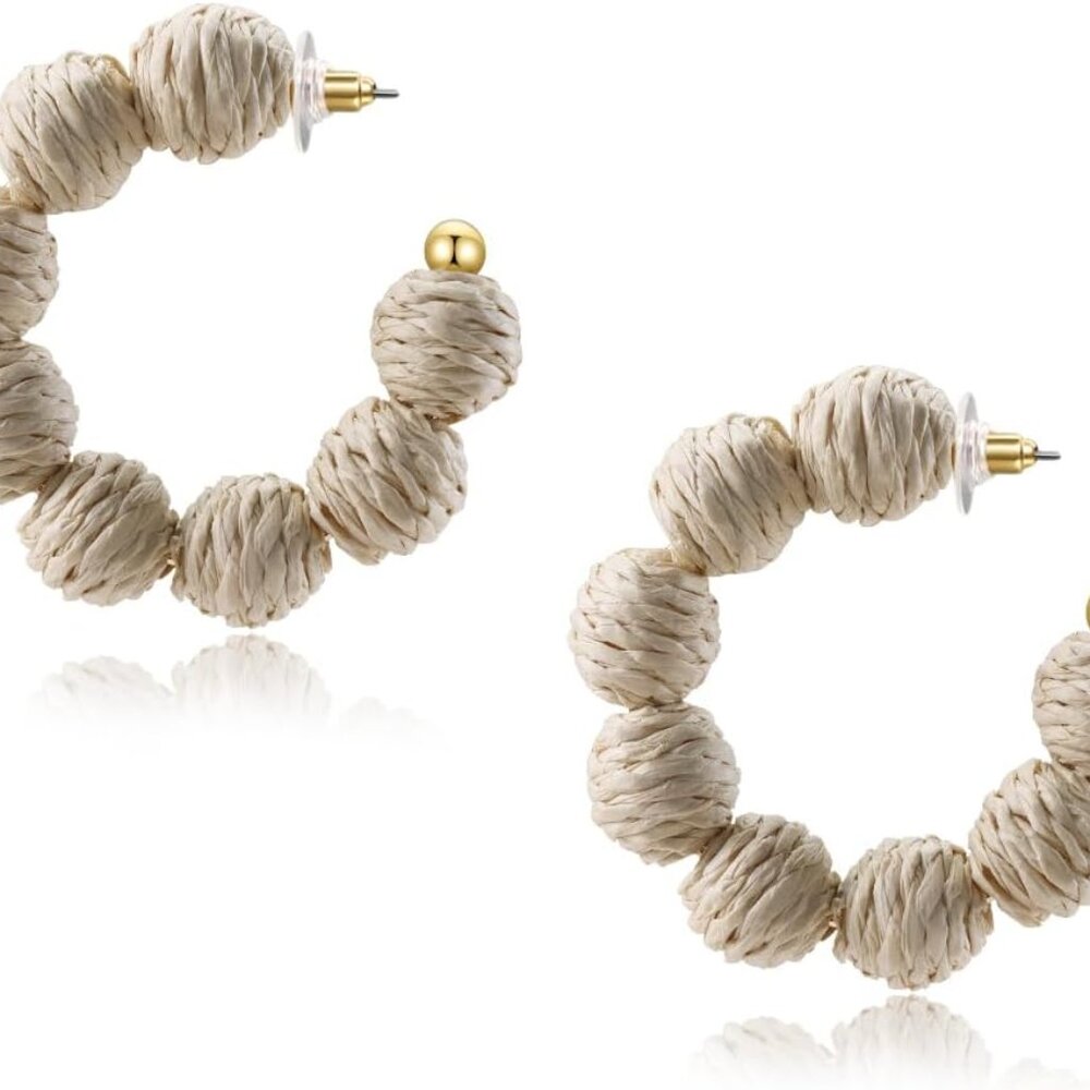 Colorful Statement Raffia Hoop Dangle Earrings Fo… - image 1